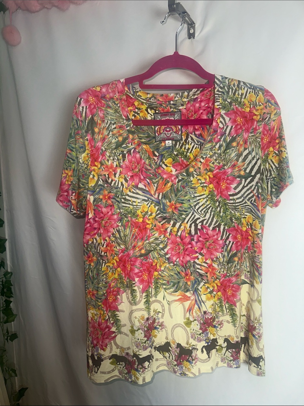 Johnny Was Tropical Floral V-Neck Tee in Pink & Yellow